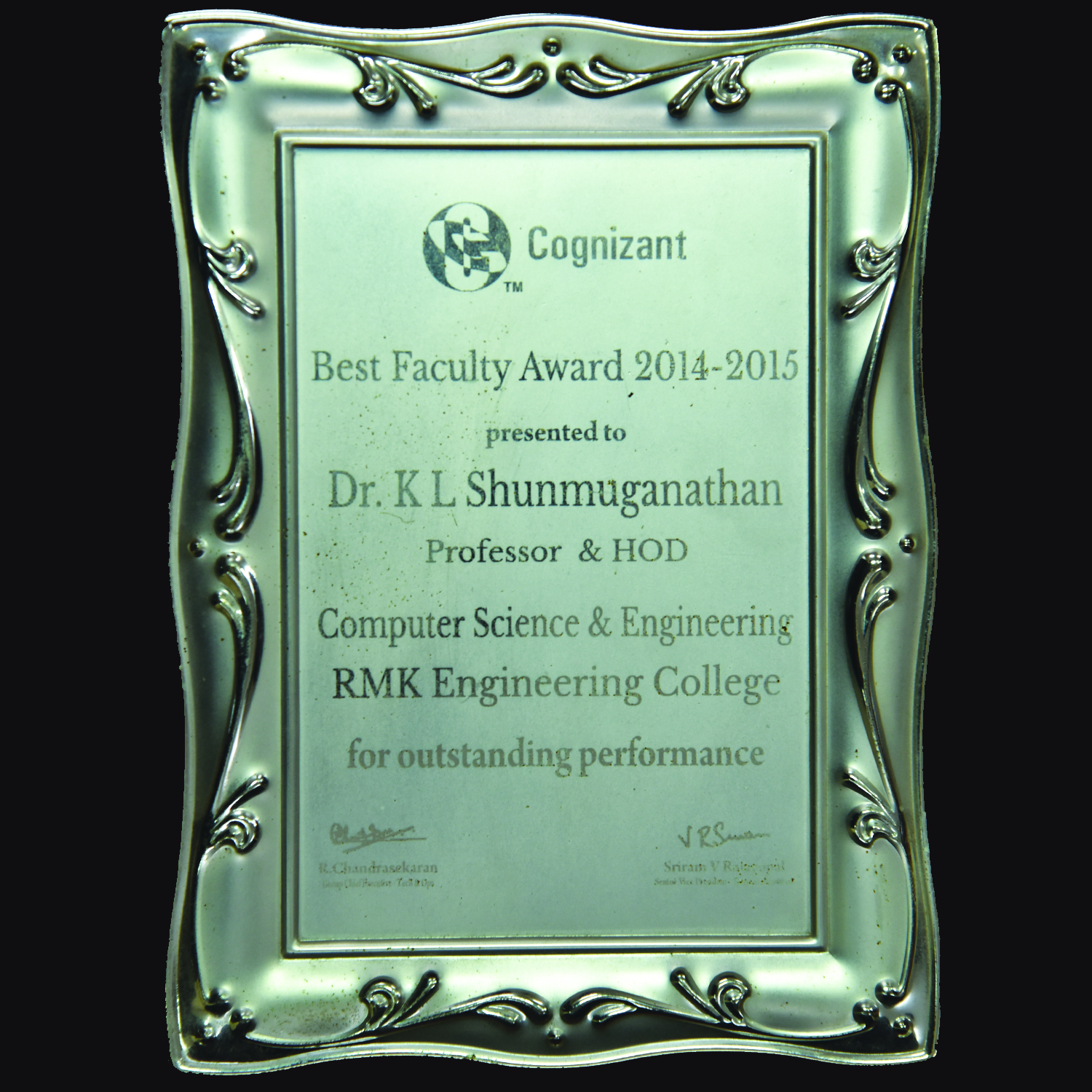 Best Faculty Award 2014-2015 for Outstanding Performance by Cognizant