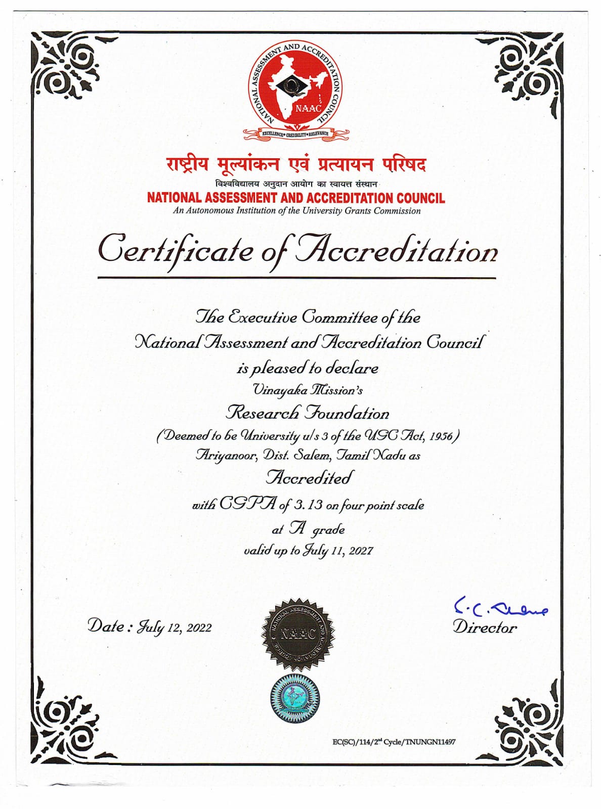 Certificate of Accreditation by National Assessment And Accreditation Council